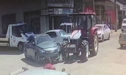 Traktörle otomobilin çarpıştığı  kaza kamerada