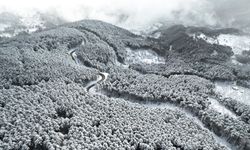 Uludağ’ın zirvesine uzanan kar kaplı yollar havadan görüntülendi