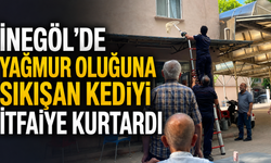 İnegöl’de Yağmur Oluğuna Sıkışan Kediyi İtfaiye Kurtardı