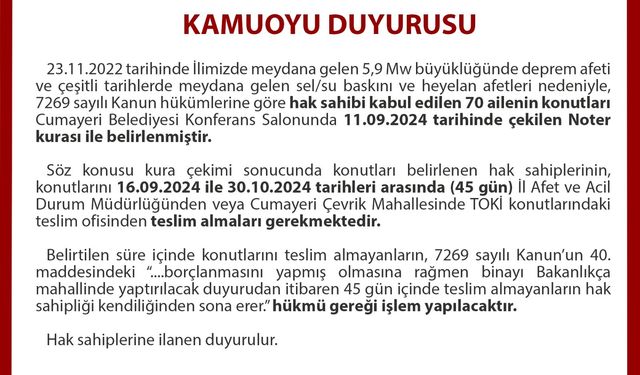 Düzce Valiliğinden "konutunuzu teslim alın" duyurusu