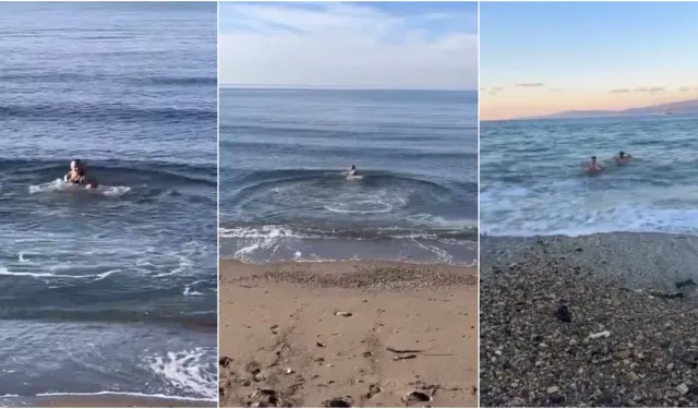 Bursa'da dondurucu soğukta denize girdiler