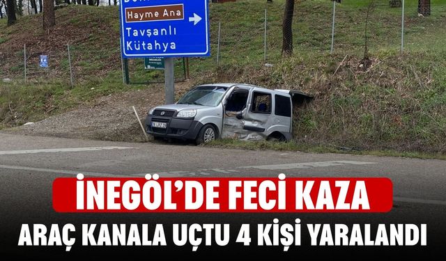 İnegöl’de feci kaza! Araç kanala uçtu, 4 kişi yaralandı