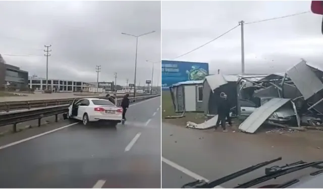 İnegöl’de İki Otomobil Çarpıştı: Savrulan Araç Prefabrik Yapıyı Parçaladı