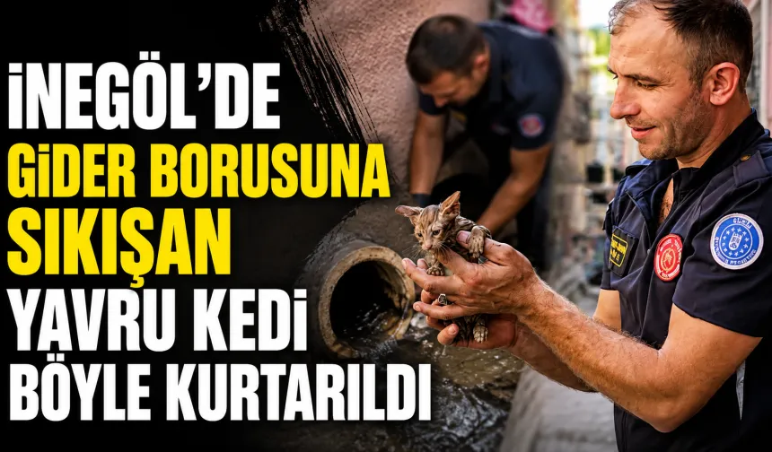 İnegöl’de gider borusuna sıkışan yavru kedi böyle kurtarıldı
