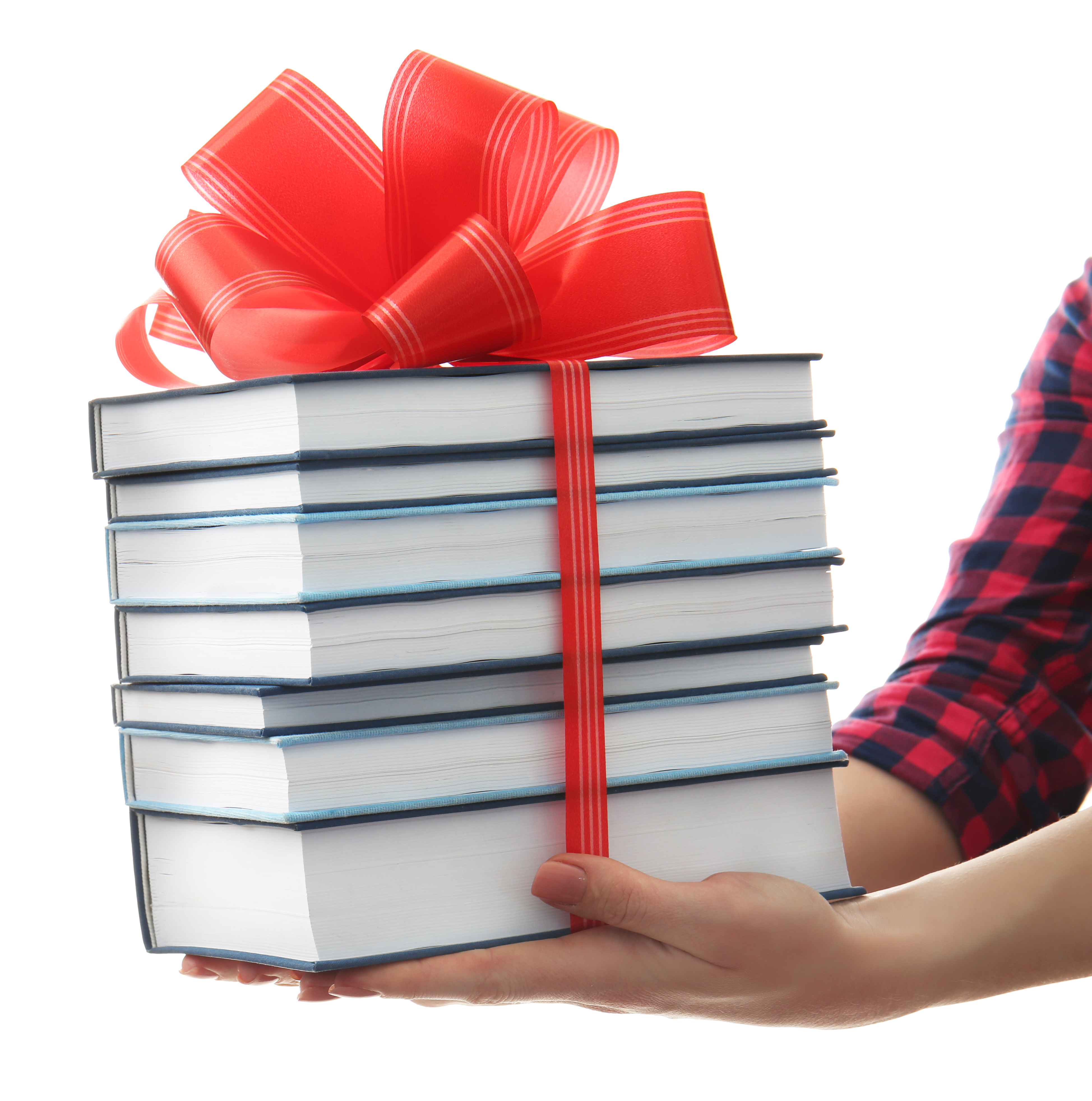 woman-holding-stack-books-with-ribbon-as-gift-white-background