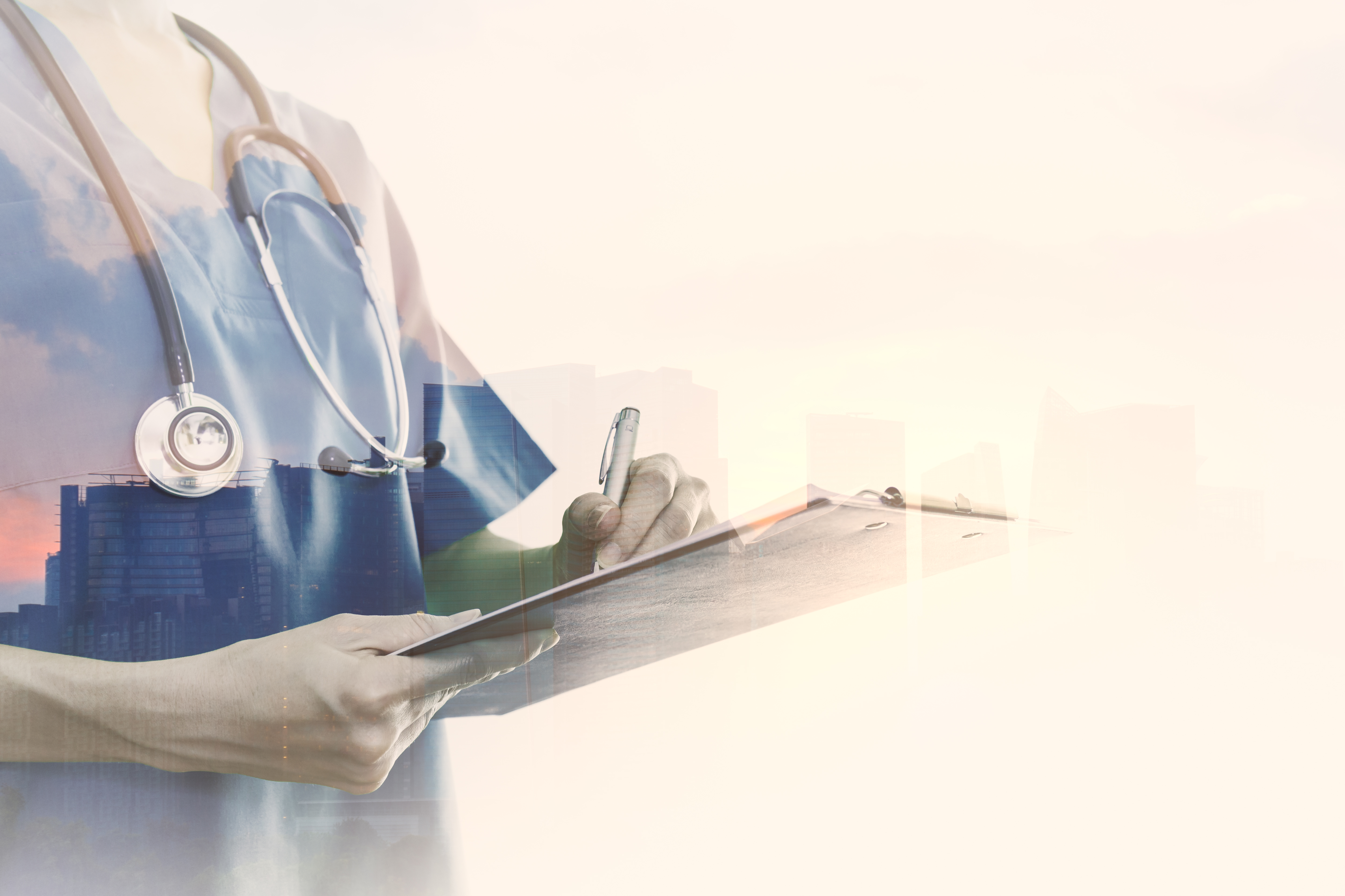double-exposure-assistant-doctor-writing-clipboard-with-modern-city