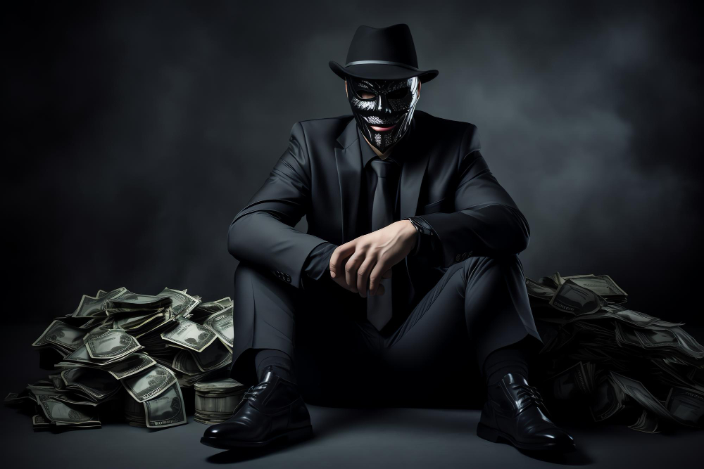 man-mask-sits-pile-money-poses-photo