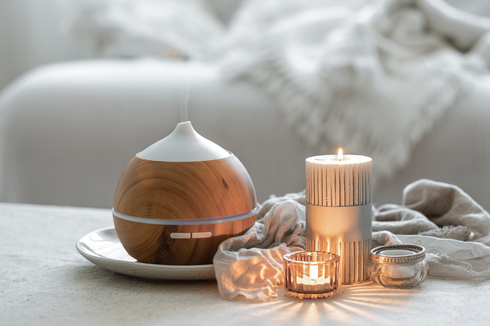 still-life-with-aroma-diffuser-moisturizing-air-burning-candles