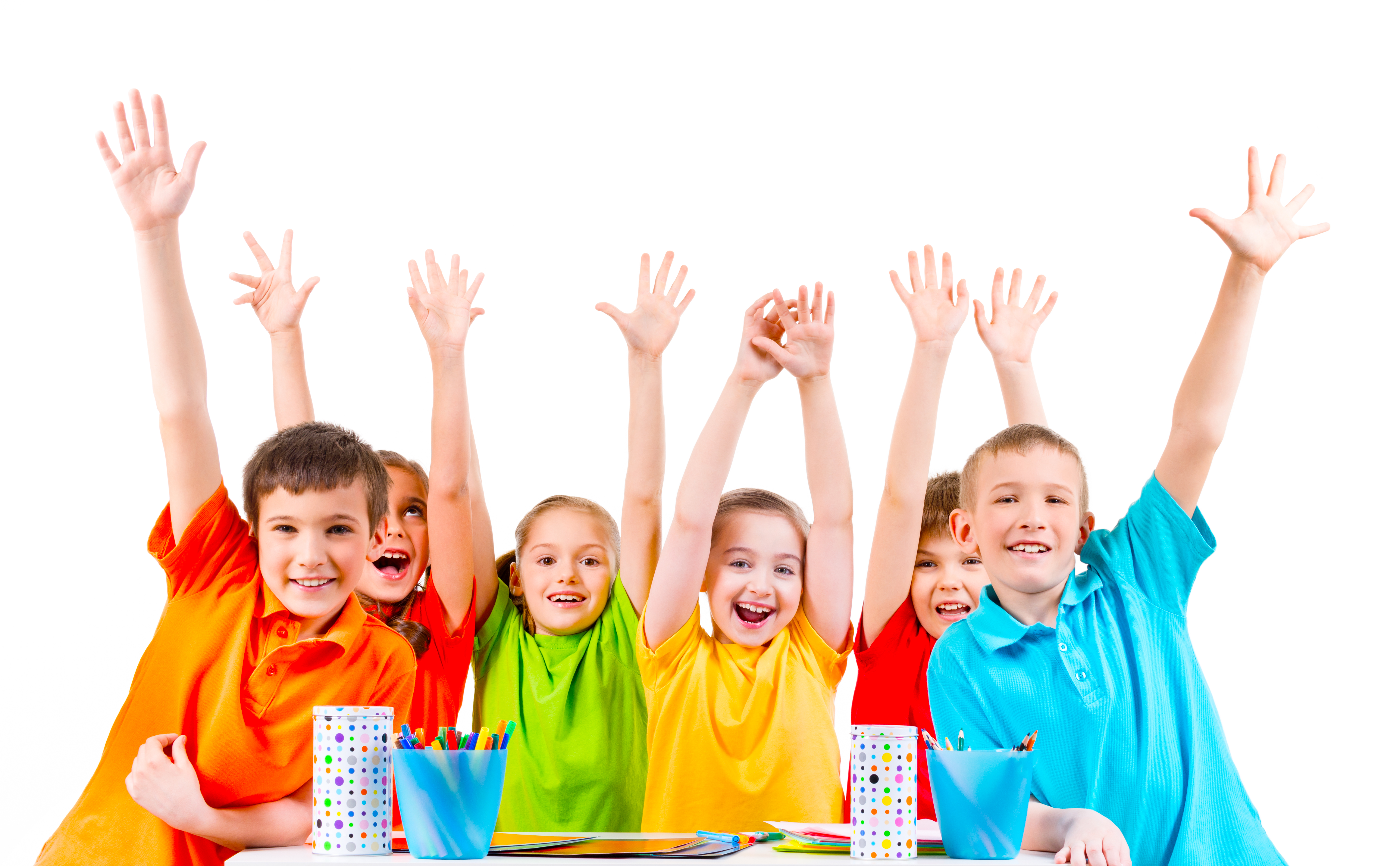 group-children-colored-t-shirts-sitting-table-with-raised-hands