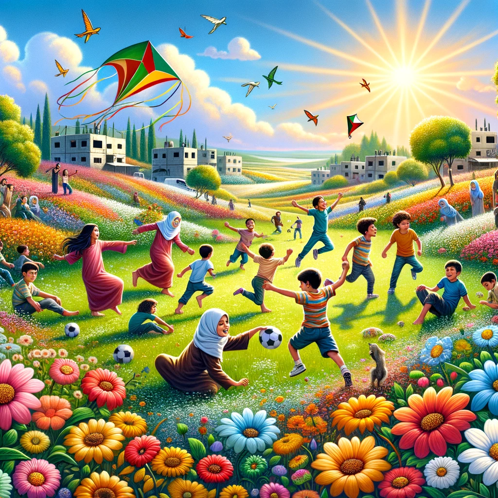 DALL·E 2023-11-10 14.36.29 - A vibrant, joyful scene in Gaza during springtime, depicting the concept of a free Palestine. The image includes happy children playing amongst bloomi