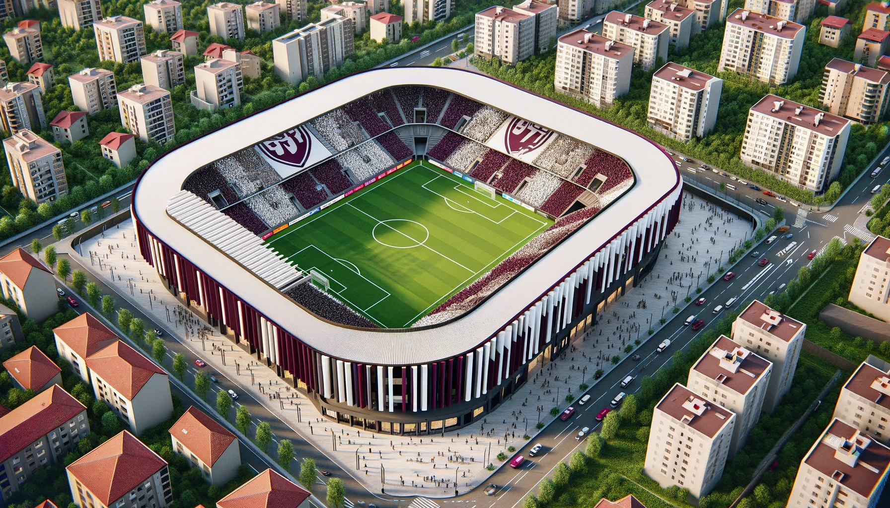 DALL·E 2023-11-20 23.19.52 - A bird's-eye view of a football stadium designed for _İnegölspor_, with burgundy and white as the team colors. The stadium is located in a lively dist