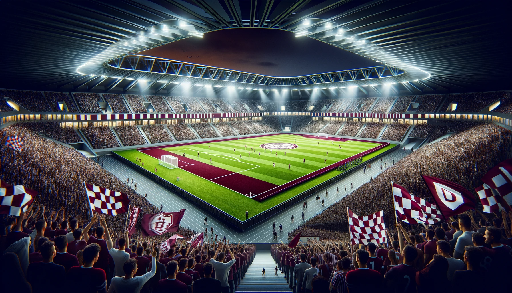 DALL·E 2023-11-20 23.19.59 - A vibrant football stadium designed for a team with the colors burgundy and white, reflecting the passionate spirit of a local district team. The stad