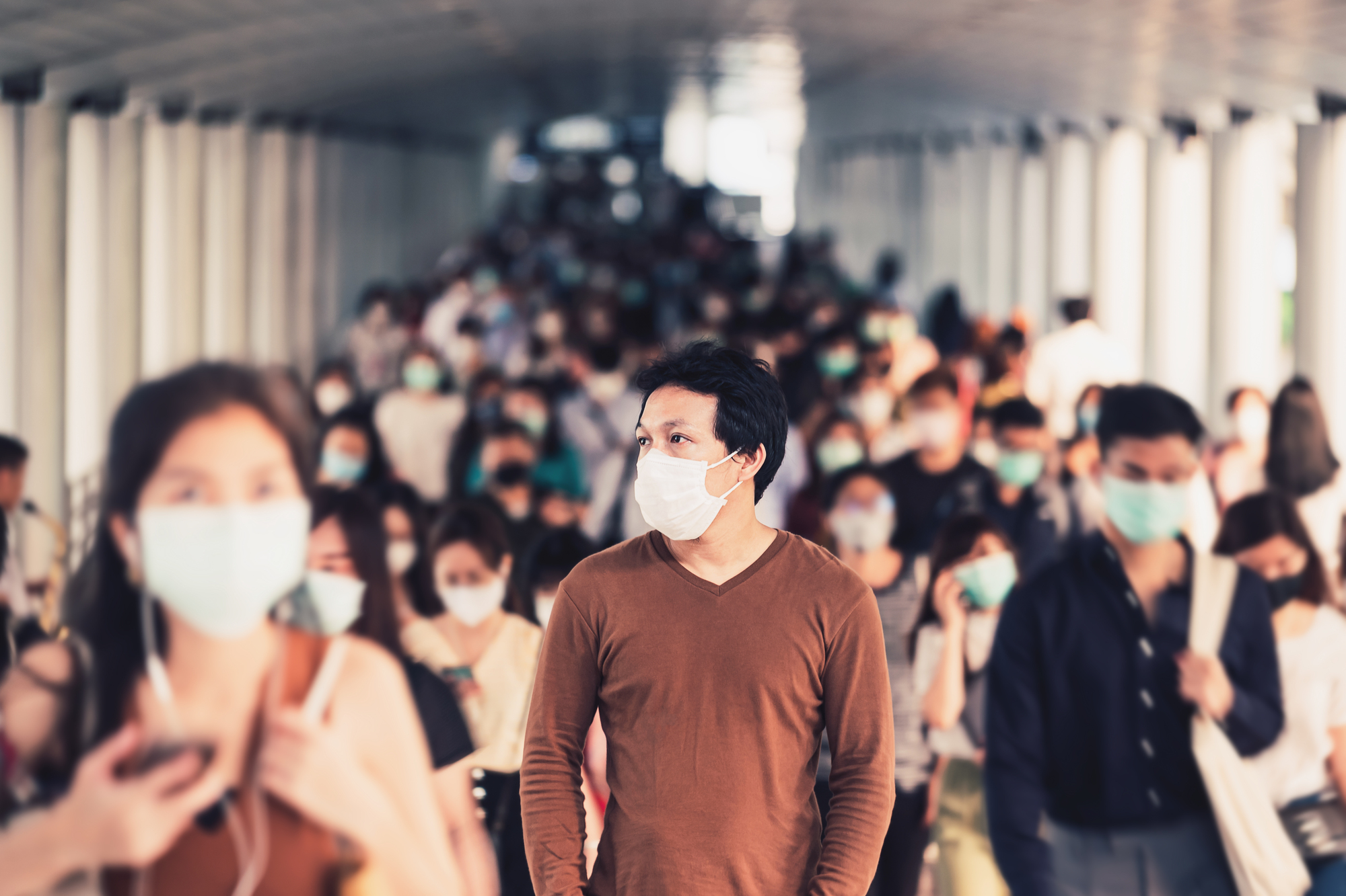 Asian Man Walking Standing Crowd Blurred Unrecognizable Business People