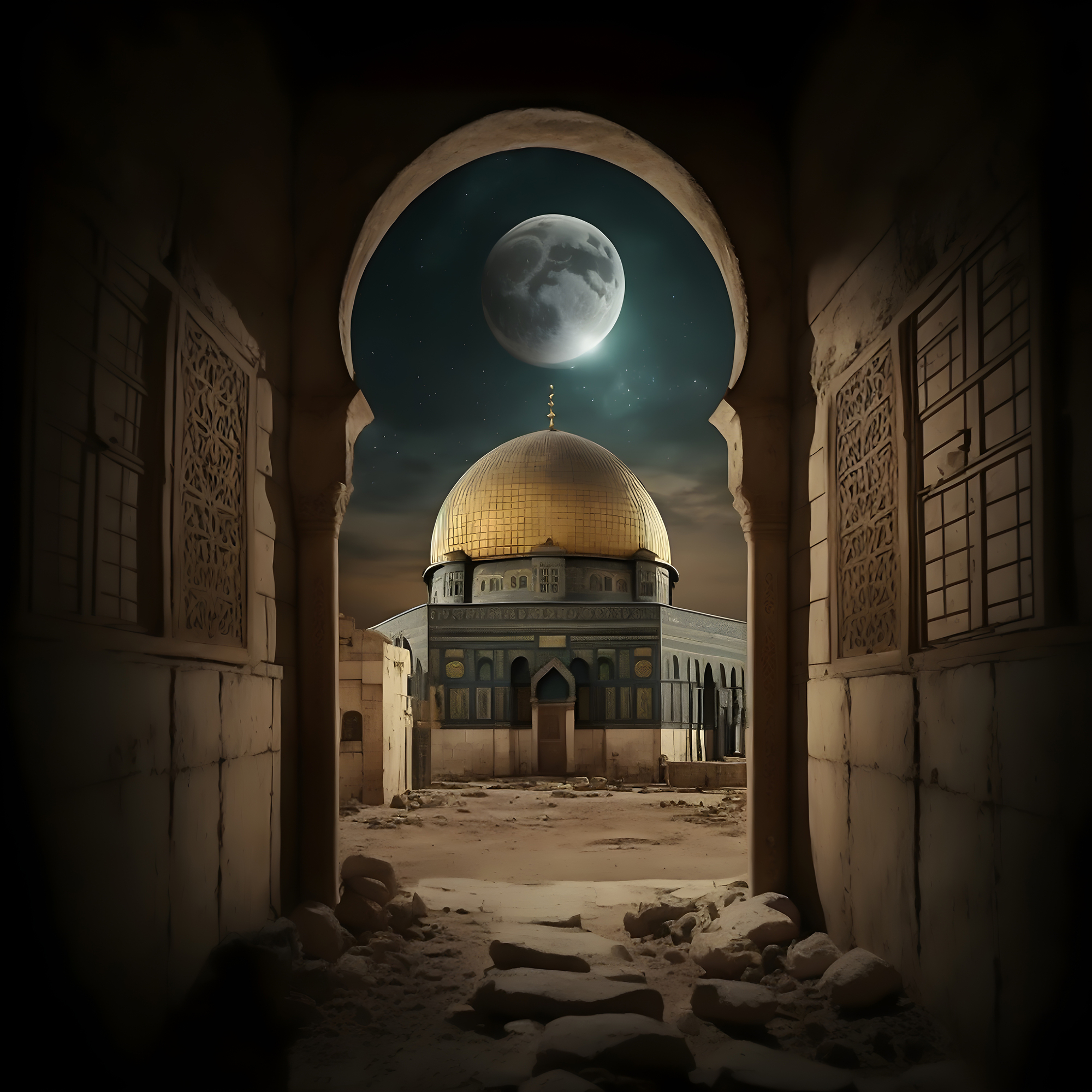 Picture Building With Moon Sky Masjid Alaqsa Palestine