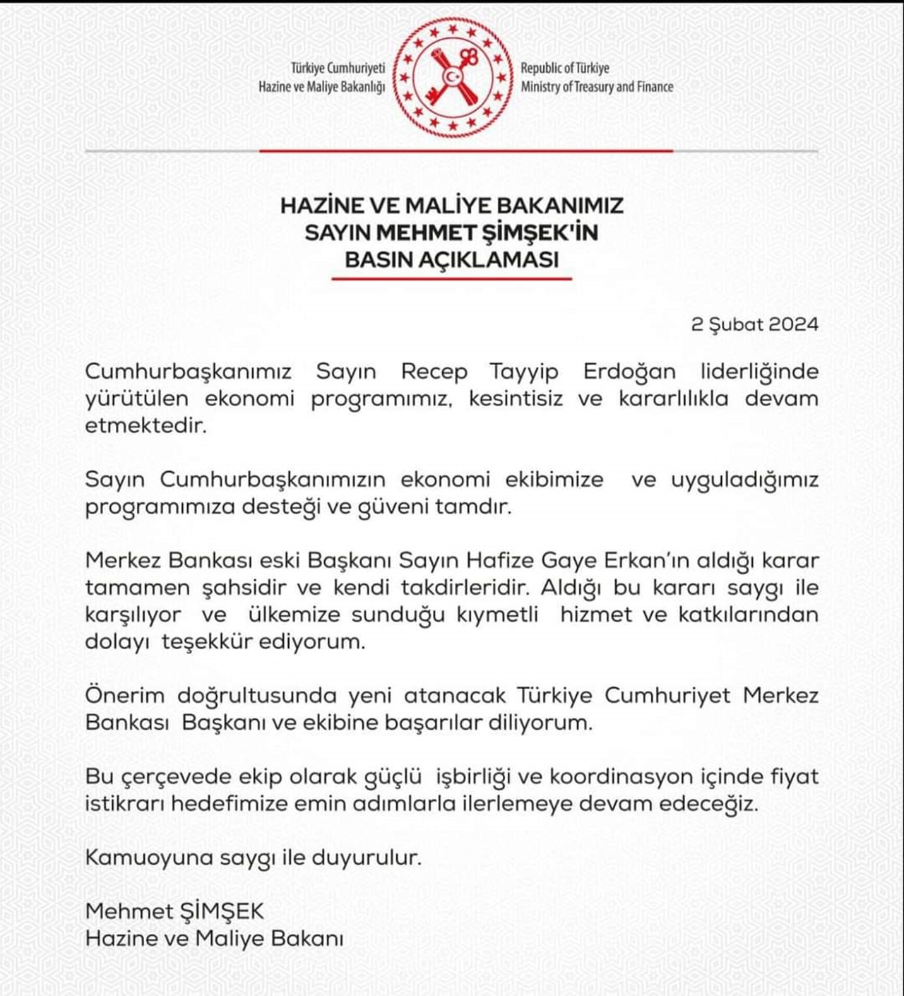 Bakan Mehmet Şimşek'ten Hafize Gaye Erkan açıklaması