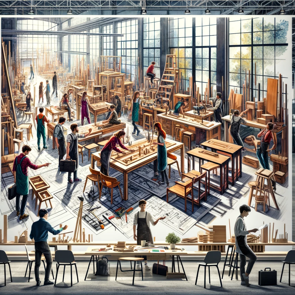 Dall·e 2024 03 20 15.02.00 An Inspiring And Vibrant Scene Depicting Young People Engaged In Various Stages Of Furniture Design And Craftsmanship Within A Modern Workshop Environ
