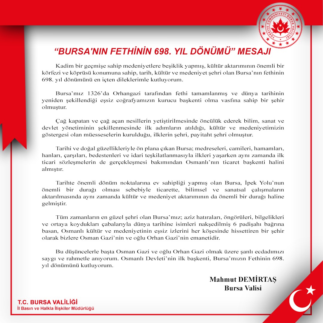 Vali Mahmut Demirtaş Bursa'nın Fethinin 698. Yıl Dönümünü Kutladı3
