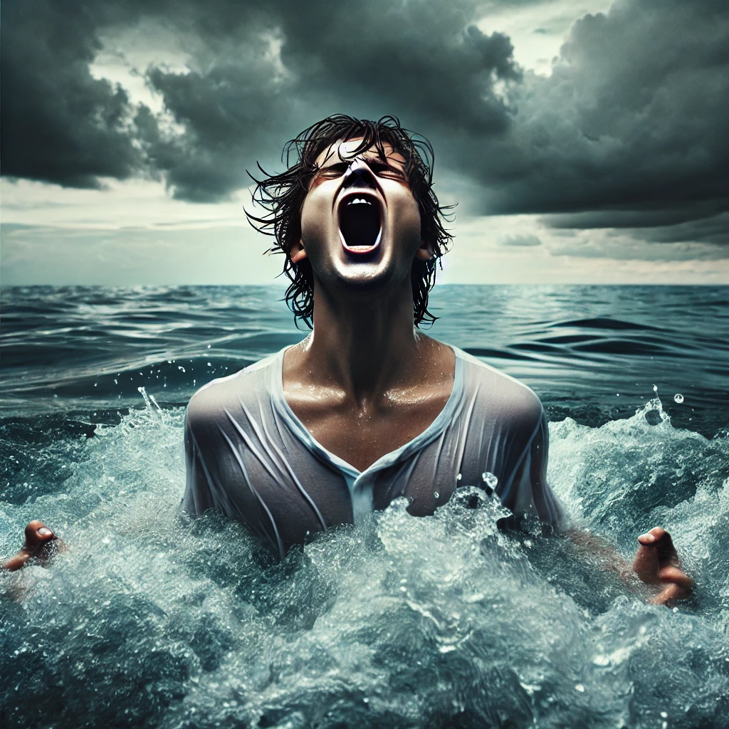 Dall·e 2024 06 29 18.22.56 A Dramatic Scene Depicting A Person Undergoing Scream Therapy In Water. The Image Shows A Young Caucasian Man With Medium Length Messy Brown Hair, Scr