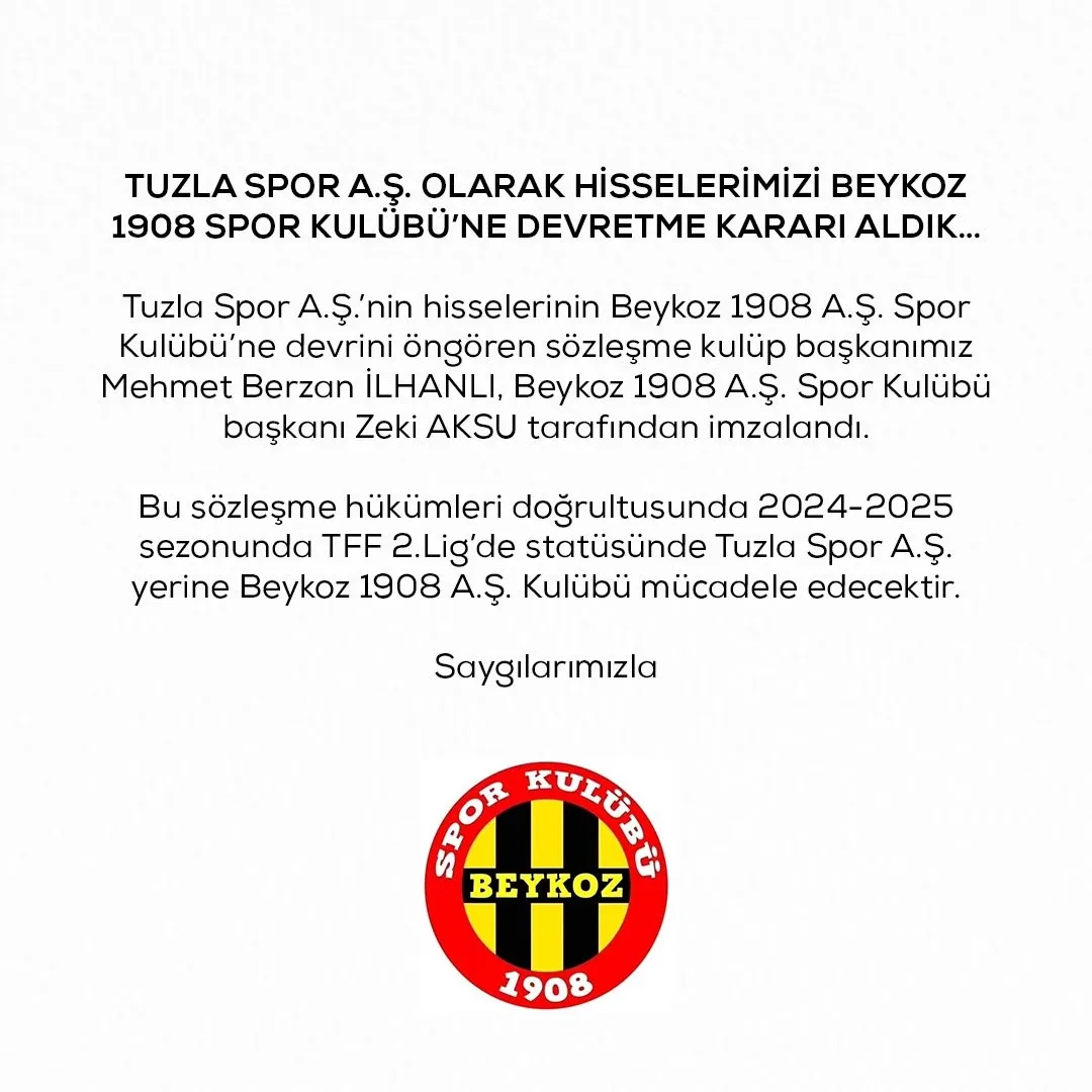 Tuzlaspor, Hisselerini Beykoz 1908 Sk'ya Devrettiğini Açıkladı