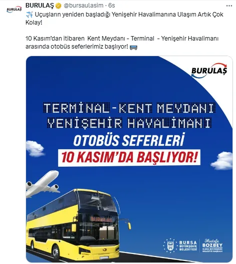 Burulaş'tan Müjde! Yenişehir Havalimanı Otobüs Seferleri Başlıyor!