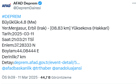 Hakkari'de 5.0 Büyüklüğünde Deprem!