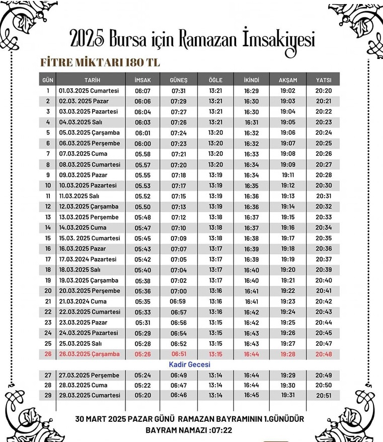 Ramazan İmsaki̇ye Bursa 2025