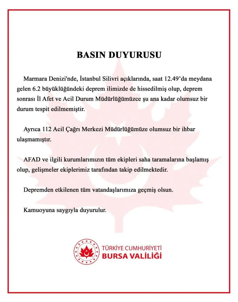 Genç Gazete Bursa Valiliği Deprem Sonrası Açıklama Yaptı “Olumsuz Durum Yok”