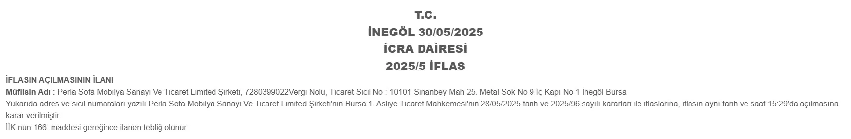 İnegöl'de O Mobilya Firmasının İflası Duyuruldu
