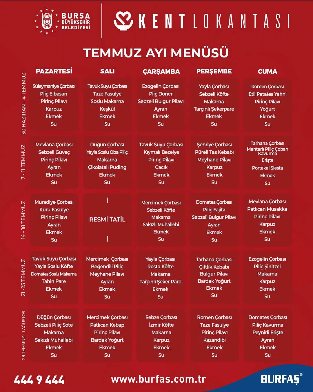 Burfaş Temmuz Menüsü