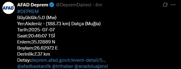 Muğla'da 5 Büyüklüğünde Deprem! (1)