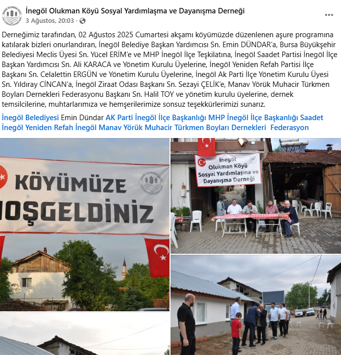 İnegöl Olukman Köyü’nde Aşure Programı Birlik Ve Dayanışma İçinde Gerçekleşti