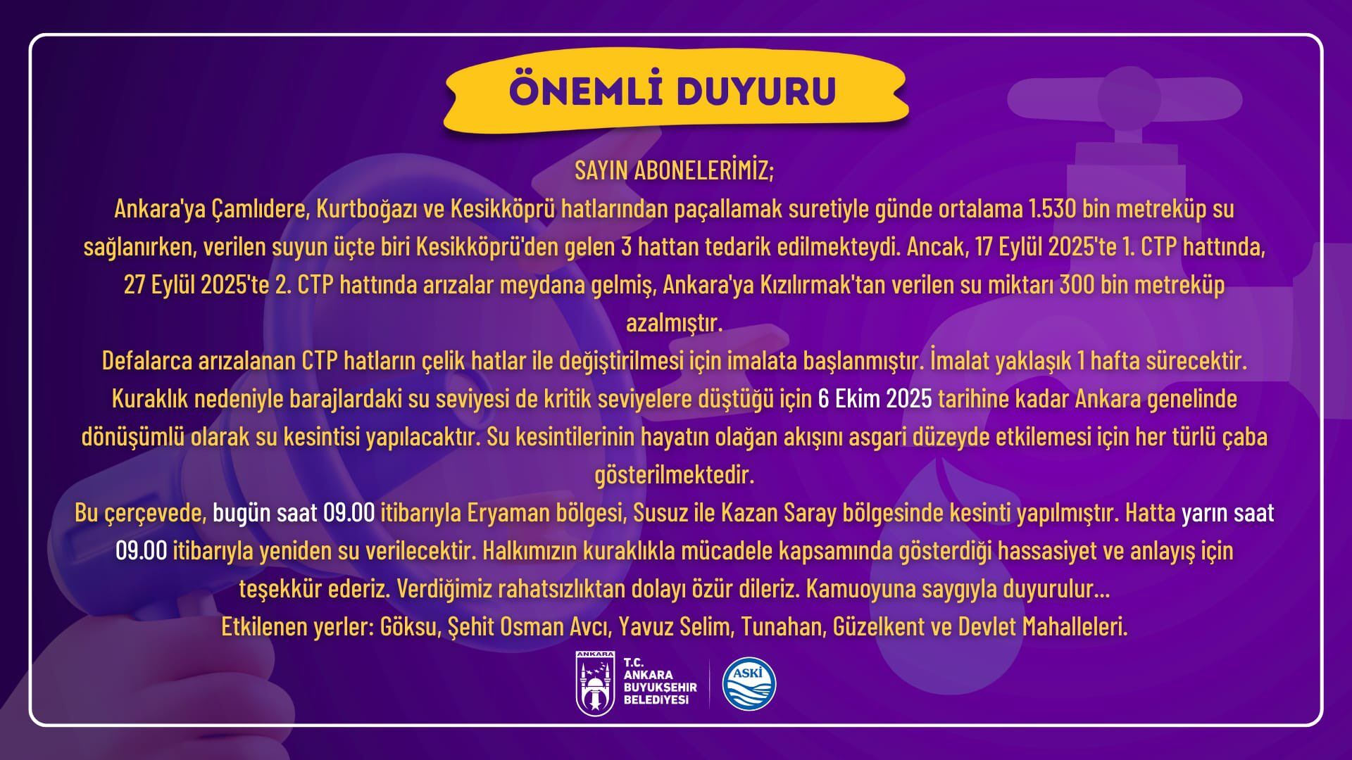 Büyükşehir’de 6 Ekim’e Kadar Dönüşümlü Su Kesintileri Uygulayacak (1)