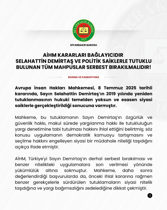 Diyarbakır Barosu’ndan Demirtaş’ın Serbest Bırakılması Çağrısı-1