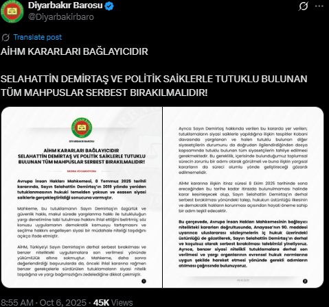 Diyarbakır Barosu’ndan Demirtaş’ın Serbest Bırakılması Çağrısı (3)