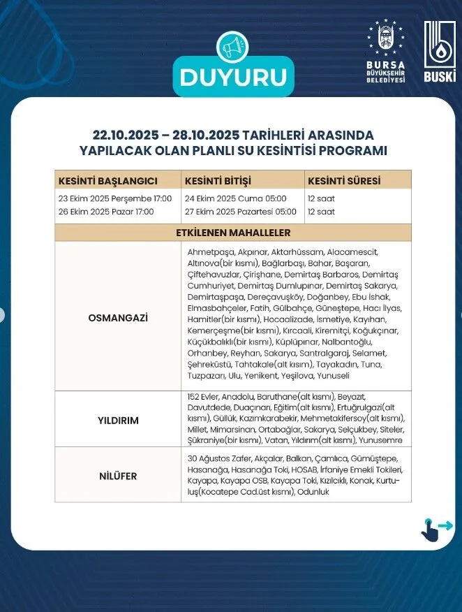 Bursa'da Sular Saat Kaçta Gelecek? Bursa'da Sular Ne Zaman Gelecek? Bursa Su Kesintisi Programı ve Saatleri 23 Ekim 2025
