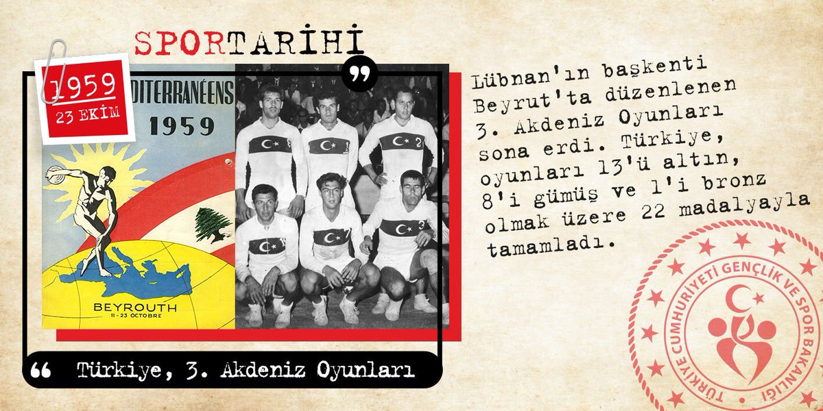 1959’da Beyrut’ta yapılan III. Akdeniz Oyunları sona erdi. Türkiye serbest güreş milli takımı, 8 sıklette birinci oldu. Genel klasmanda 13 altın, 8 gümüş ve 1 bronz madalya ile büyük bir başarıya imza attı.