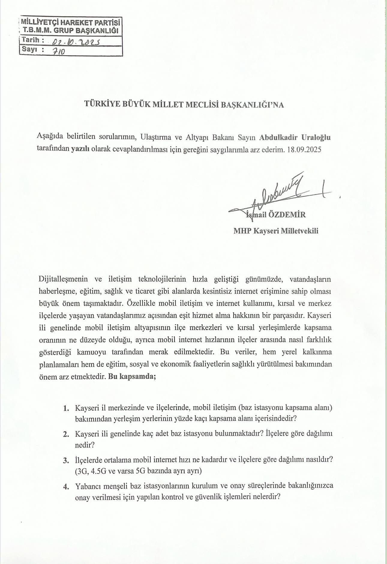 Mhp’li Özdemir’den ‘Mobil İletişim’le Ilgili Soru Önergesi (2)