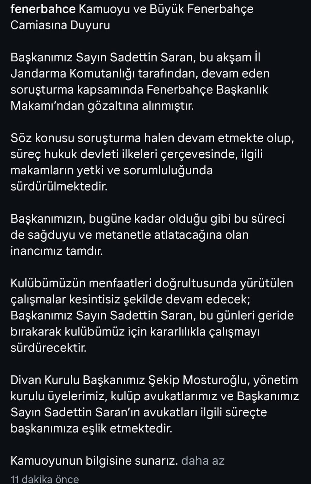 Fenerbahçe'den Sadettin Saran Açıklaması