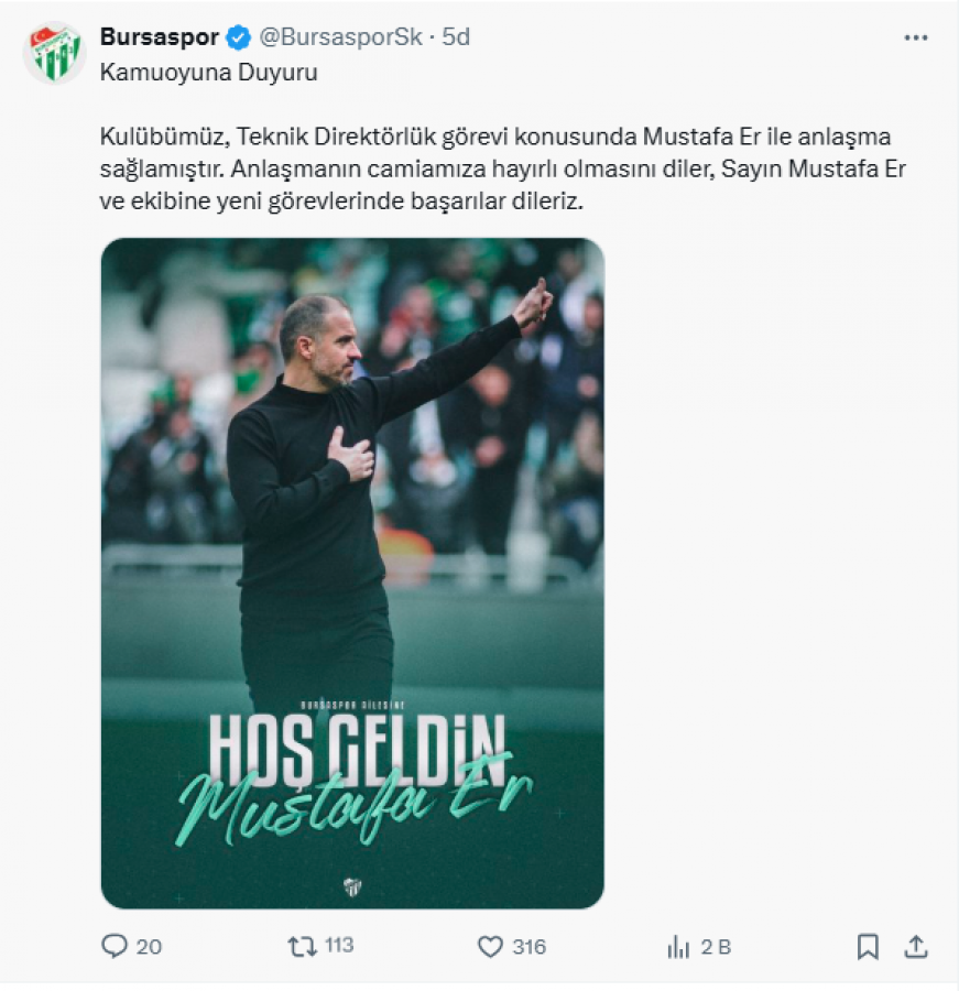 Bursaspor'un Yeni Teknik Direktörü Belli Oldu!