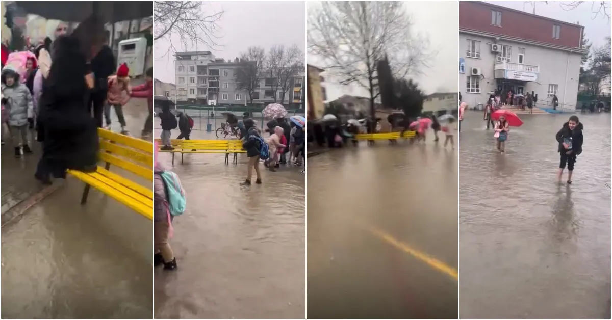 İnegöl'de Okul Bahçesi Göle Döndü Banklardan Köprü Yapıldı!