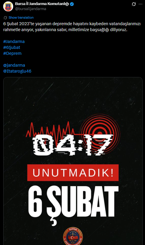 Bursa İl Jandarma Komutanlığı'ndan 6 Şubat Mesajı Gg