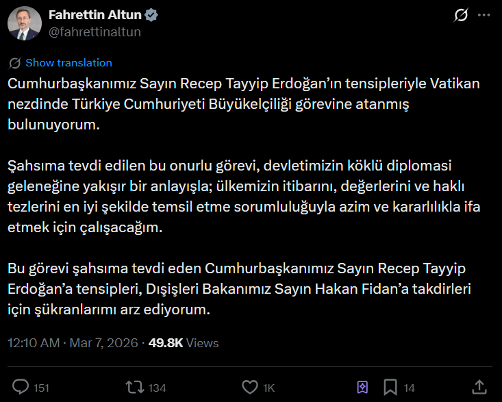 Fahrettin Altun, Vatikan Büyükelçisi Olarak Atandı Bg