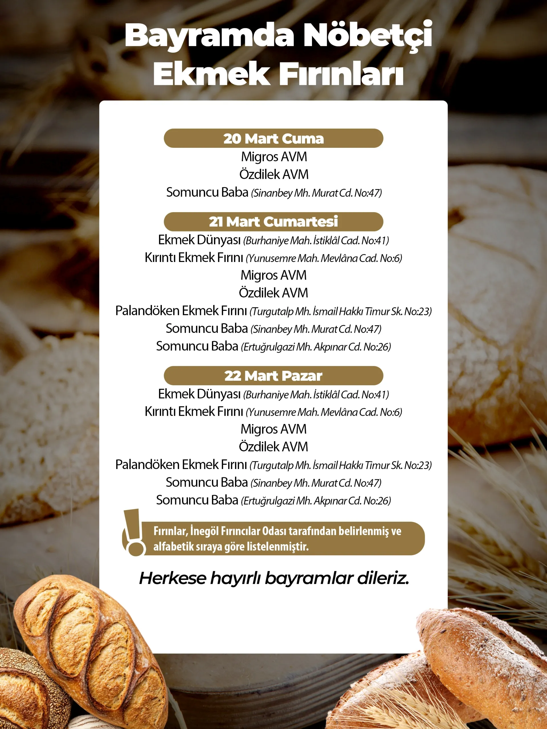 İnegöl'de Bayram Boyunca Açık Olacak Nöbetçi Fırınlar Açıklandı (2)