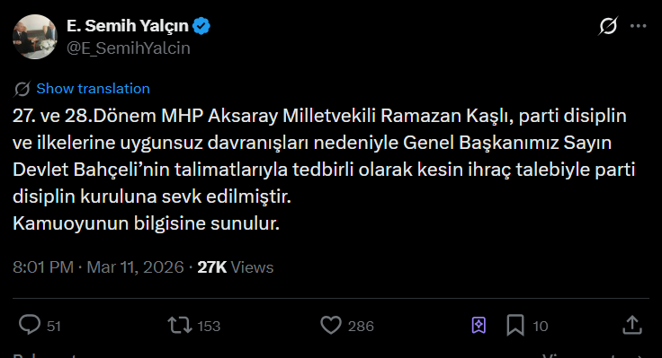 Mhp'li Ramazan Kaşlı, Kesin Ihraç Talebiyle Disipline Sevk Edildi Gg