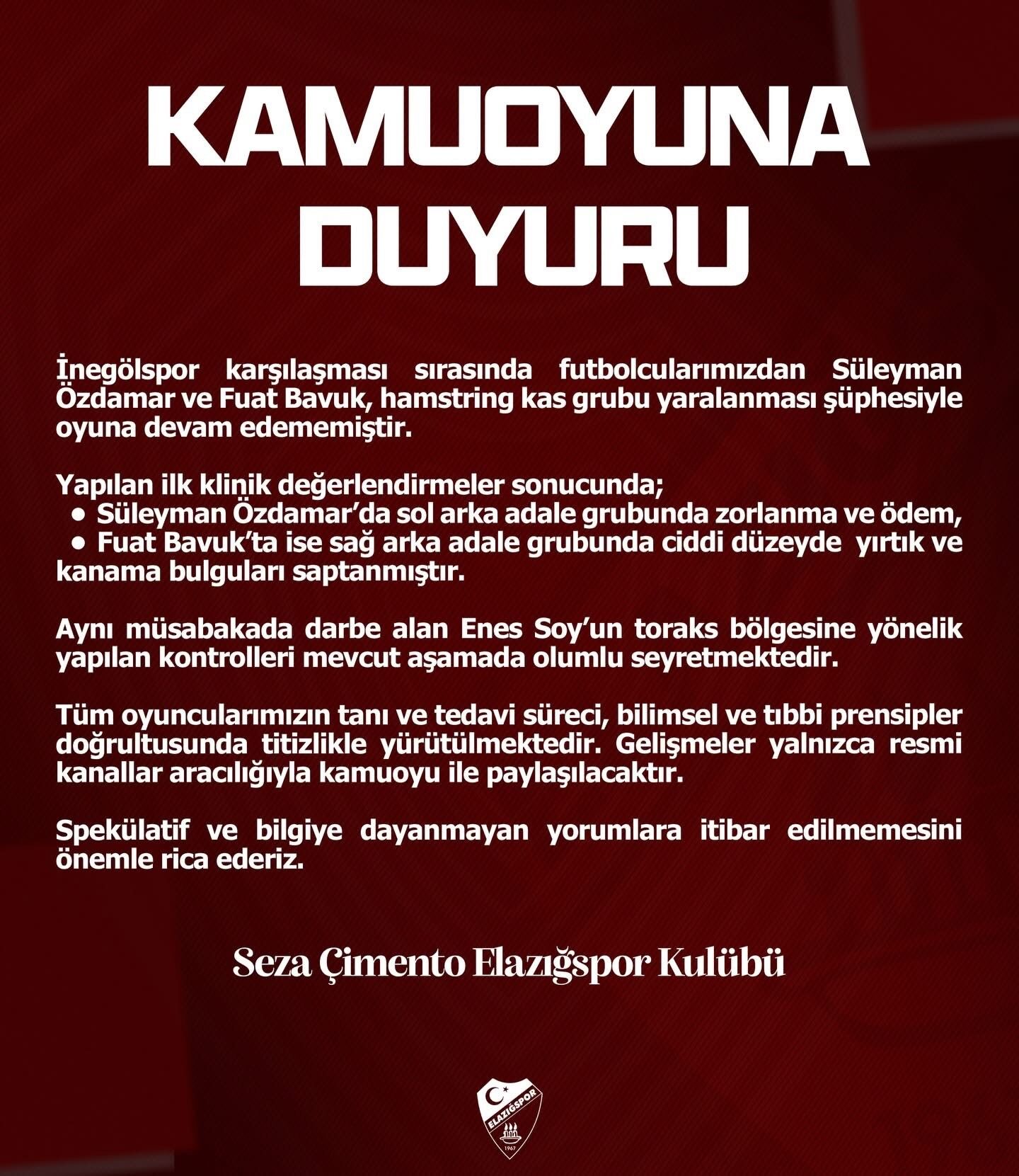 Elazığspor’da İnegölspor Maçı Sonrası 3 Sakat