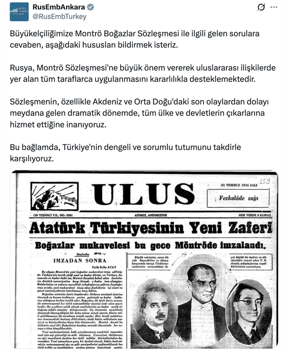 Rus Büyükelçiliği'nden Boğazlar Açıklaması! Montrö Boğazlar Sözleşmesi Nedir