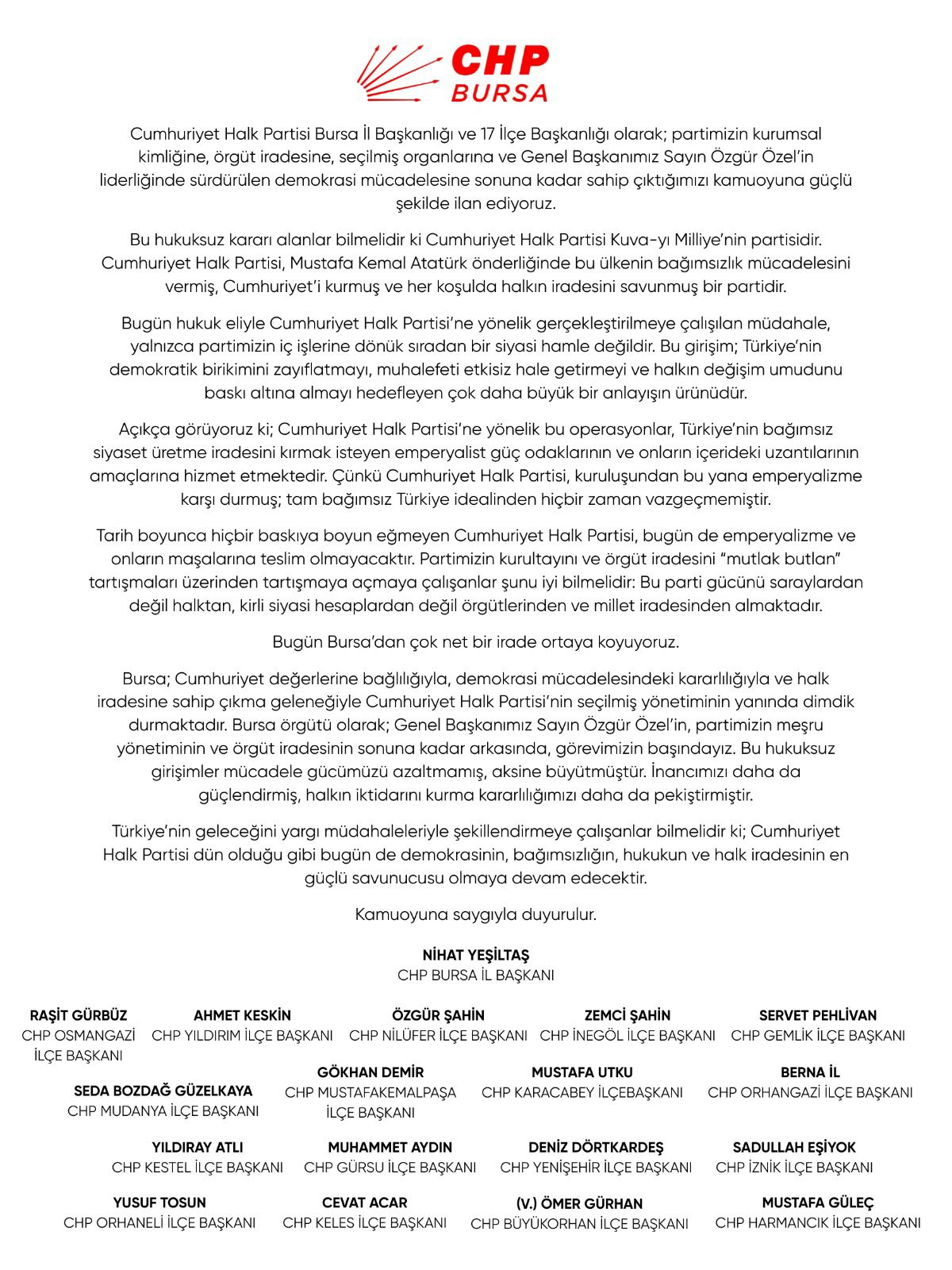 Chp Bursa’dan Ortak Bildiri İl Ve İlçe Başkanlarından Özgür Özel’e Destek