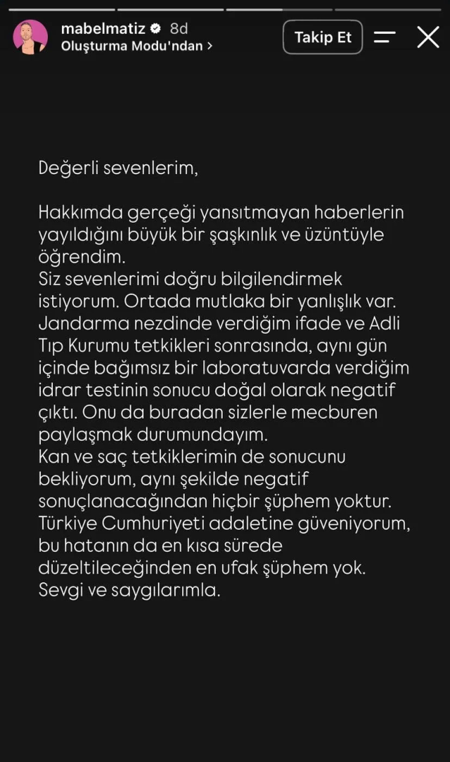 Ünlü Şarkıcı Mabel Matiz, Adli Tıp Kurumu’nun Pozitif Çıkan Test Sonuçlarına Karşı Bağımsız Laboratuvarda Yaptırdığı Testin Negatif Çıktığını Açıkladı (2)