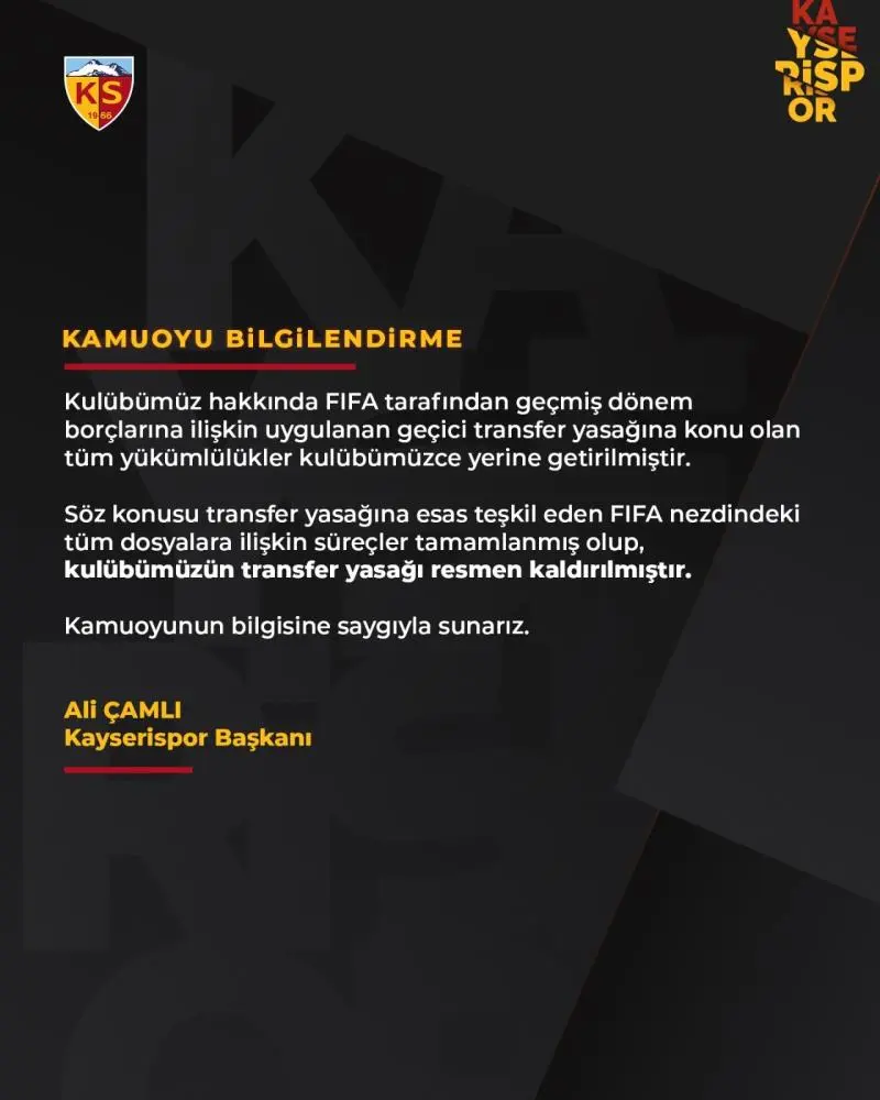 Genç Gazete Kayserispor’da Transfer Yasağı Kalktı! Ali Çamlı Resmen Duyurdu (1)