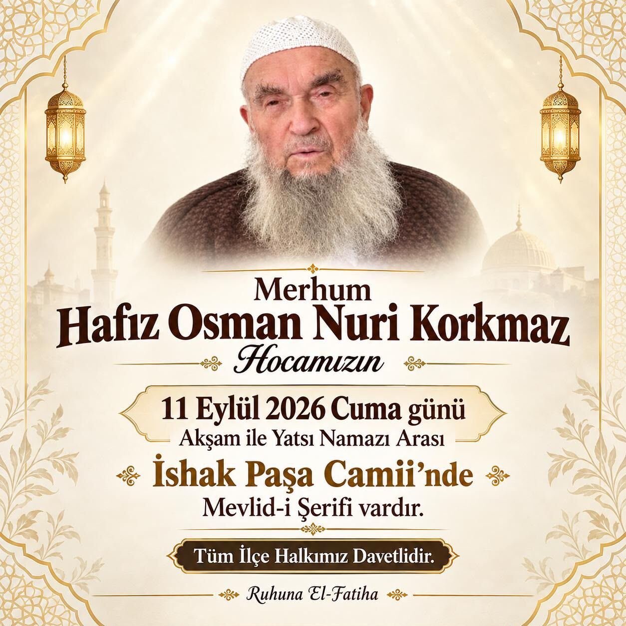 Hafız Osman Nuri Korkmaz Için Mevlit Programı Düzenlenecek